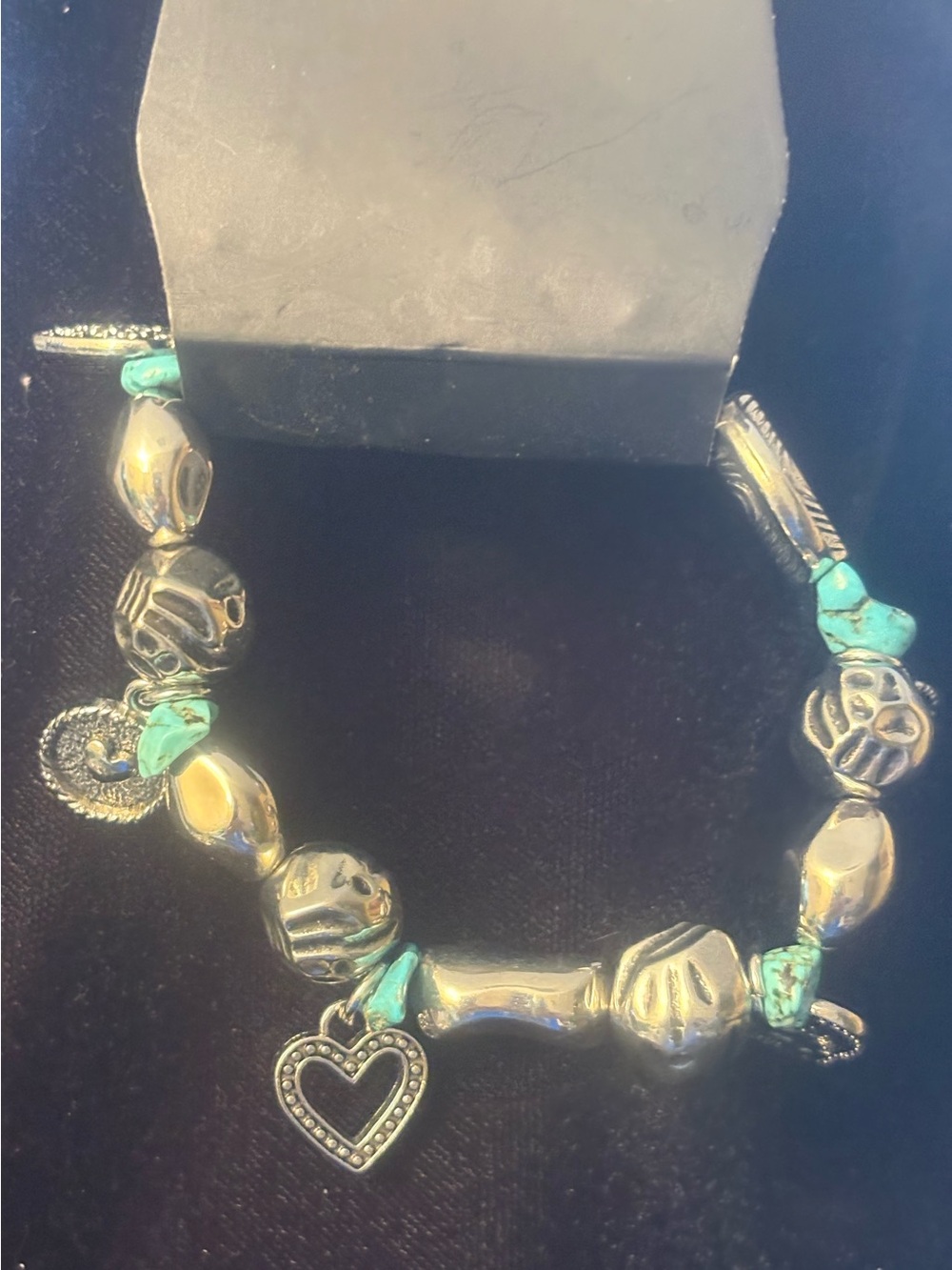Silver-Tone Charm Bracelet with Turquoise Accents - Heart Pendant